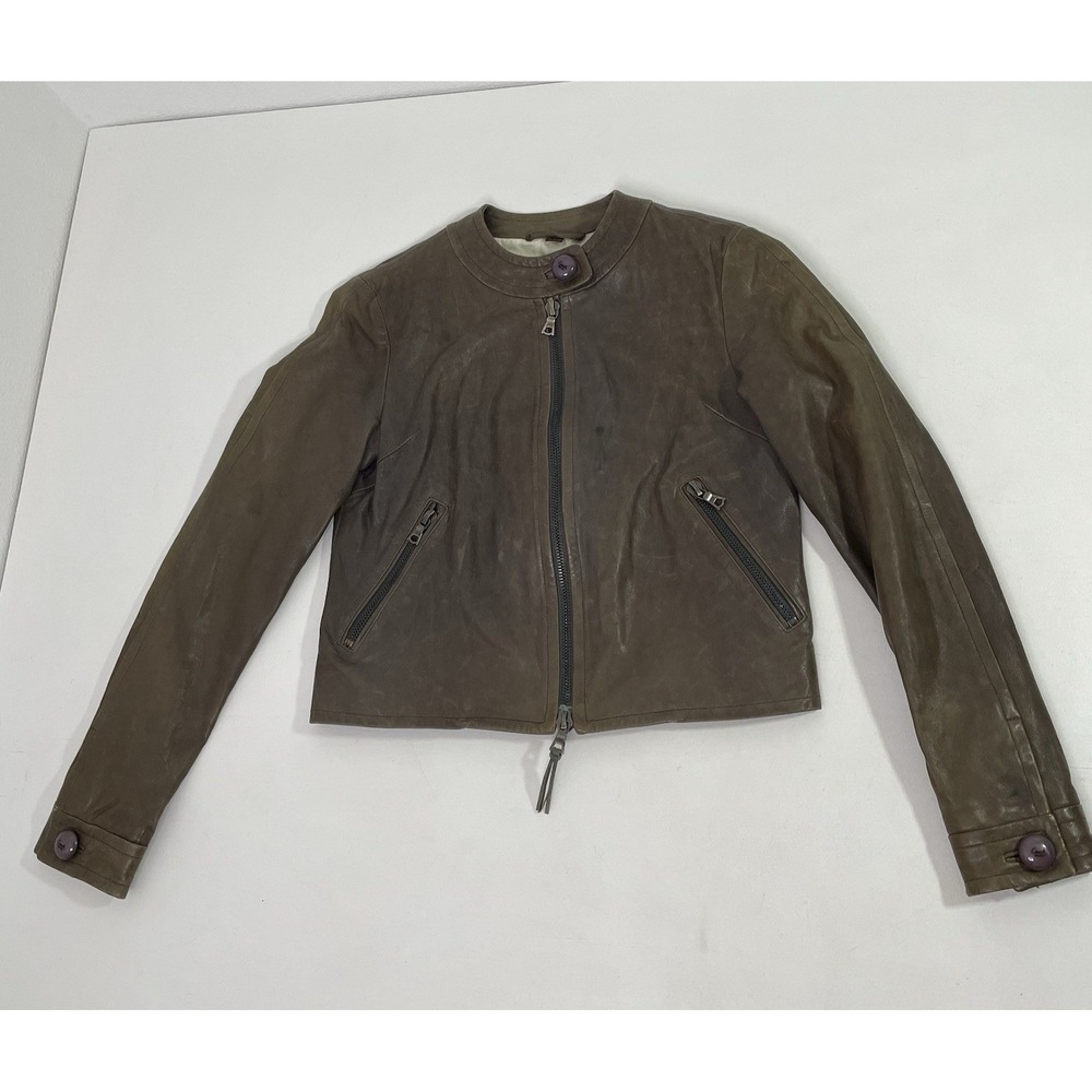 Coach Brown Leather Mid Jacket Womens Size 2 Distressed Zippers Made in Turkey